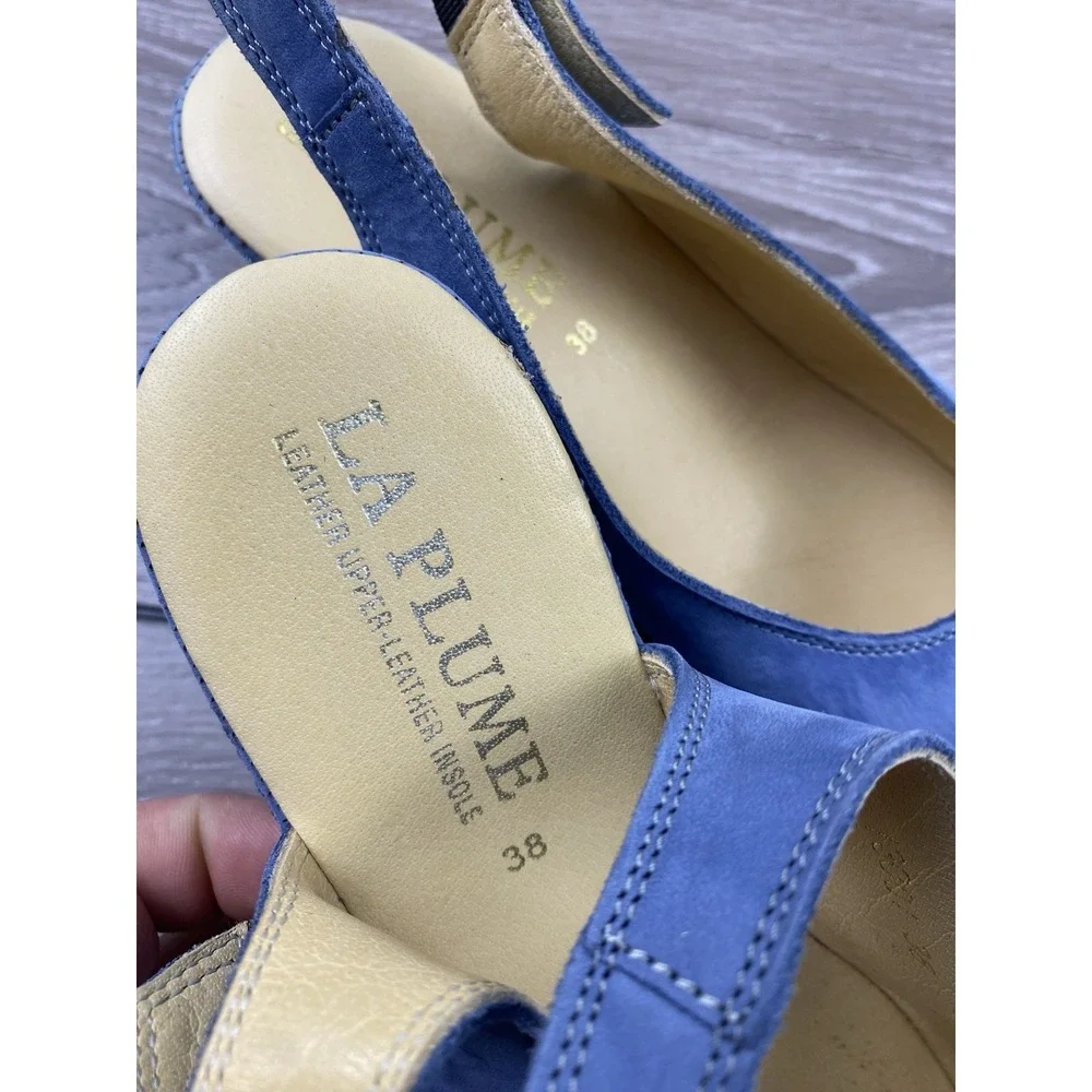 La Plume Womens Leather‎ Peep Toe Slingback Wedge Sandals Blue Size 38 US 7
